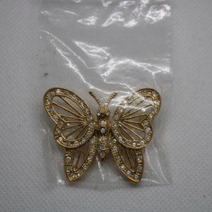 Butterfly Pin/Brooch Gold Tone Color with Clear Rhinestones - Pre-Owned